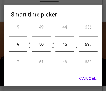 カスタムビュー（SmartTimePicker）の見た目。ミリ秒単位まで時間を選択指定できるタイムピッカー