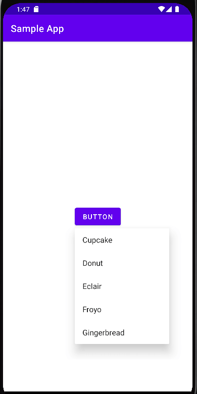 Android端末でPopupMenuを使ってボタン押下時にポップアップメニューを表示した様子