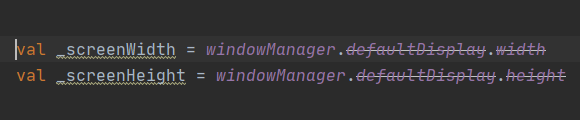 Android Studio : この画像のようにwindowManager.defaultDisplay.width / height に警告の打消し線が表示されていた…