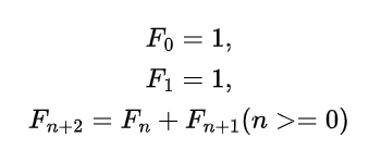 フィボナッチ数列の定義。この画像の F(n+2) = F(n)+F(n+1) のように前項と前々項の和をとって得られる数列。